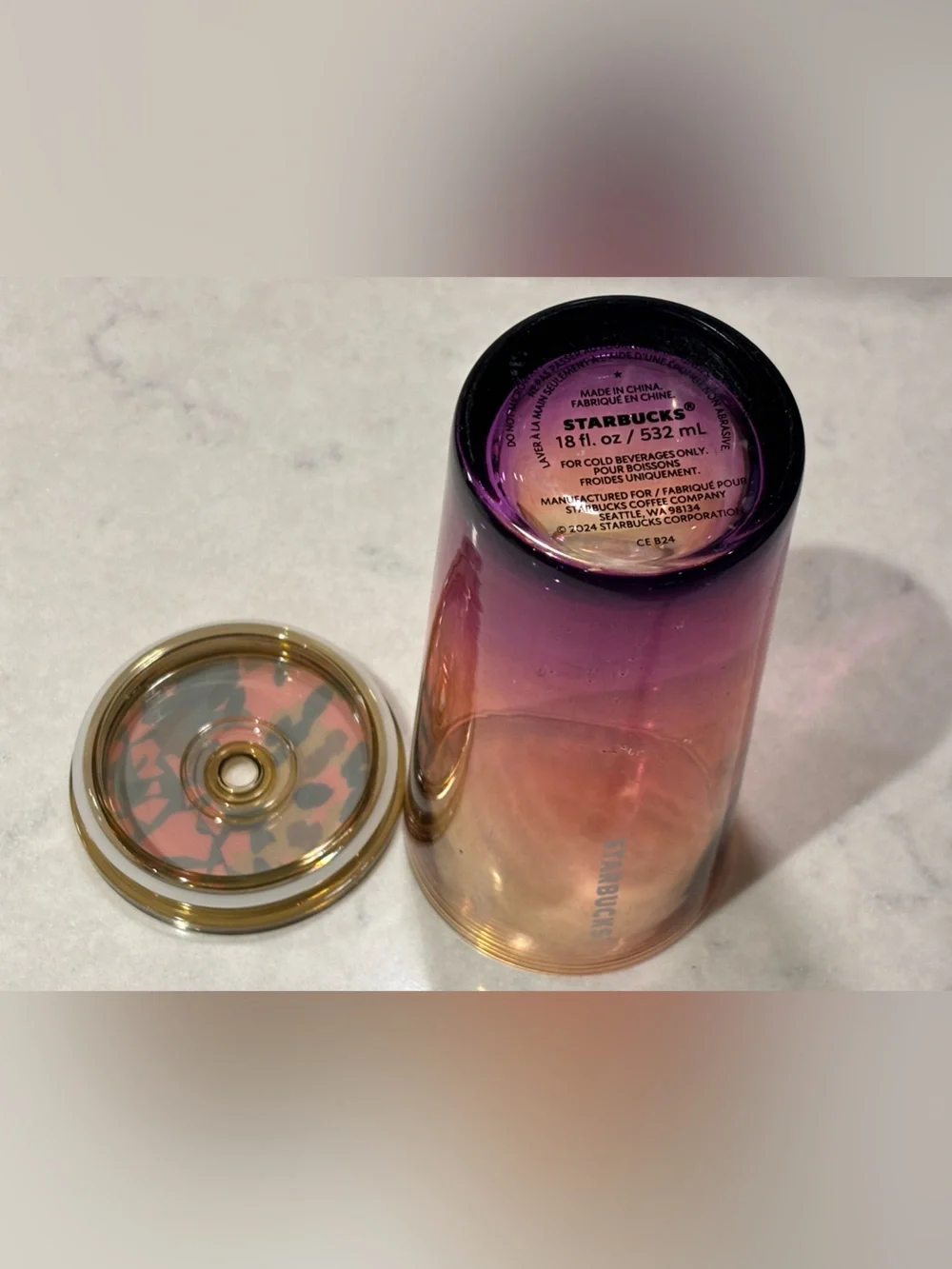 Starbucks 2021 Sunset Ombre 18 oz glass Cup with Leopard Lid and Purple straw